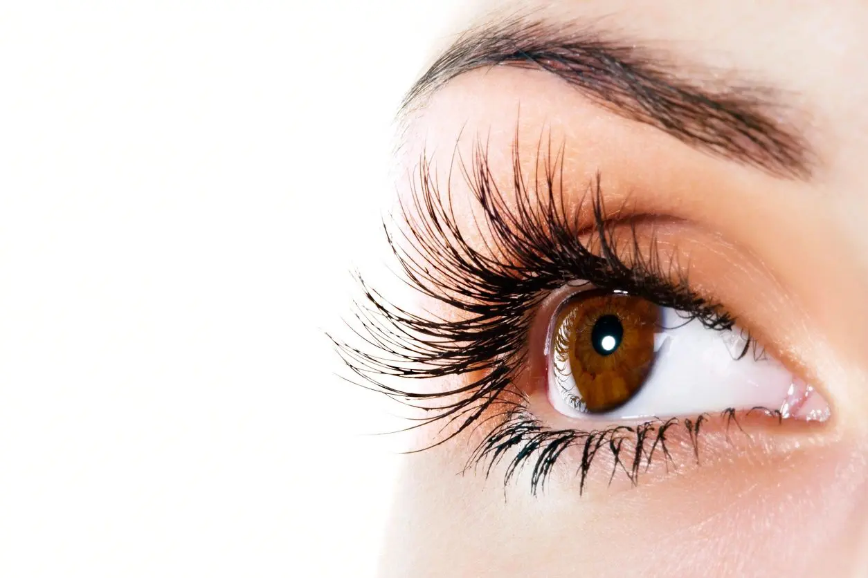 A close up of the eye with long eyelashes